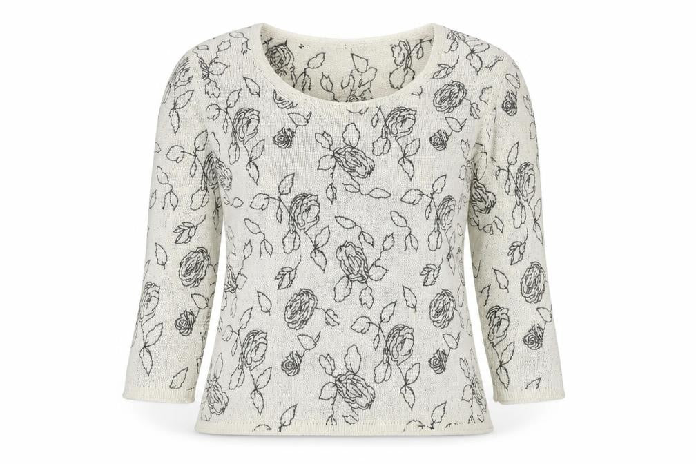 Front view of Minuet women’s beige scoop neck floral silk jumper, size UK 10