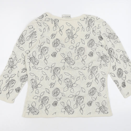 Minuet Womens Beige Scoop Neck Floral Silk Pullover Jumper Size 10