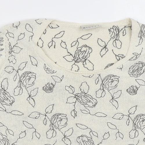 Minuet Womens Beige Scoop Neck Floral Silk Pullover Jumper Size 10