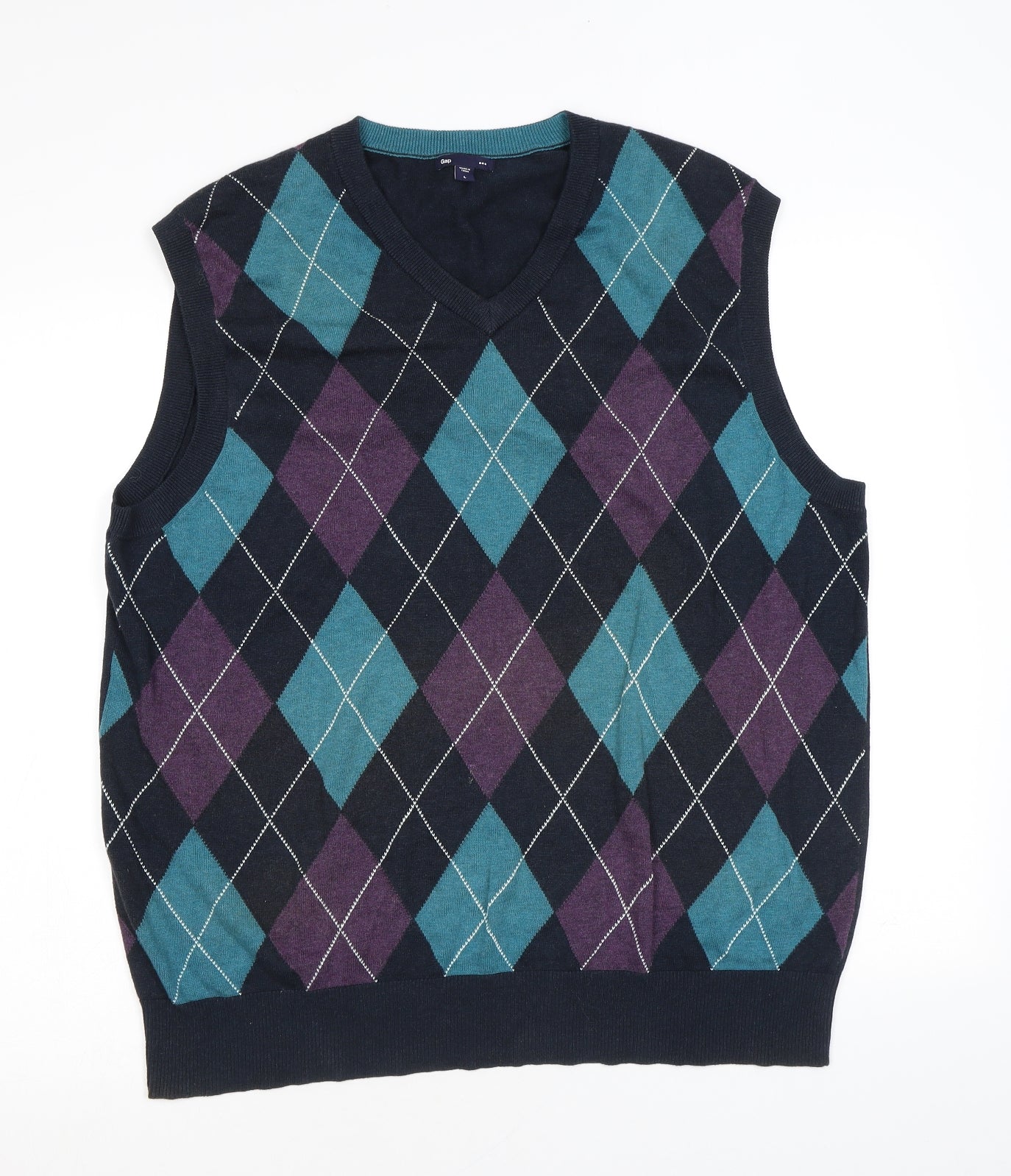 Gap Mens Multicoloured V-Neck Argyle/Diamond Cotton Vest Jumper Size L Sleeveless