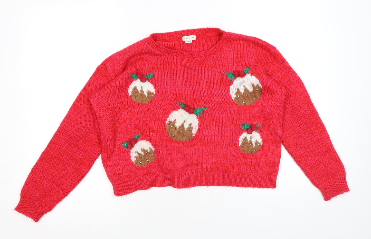 River Island Girls Red Round Neck Geometric Acrylic Pullover Jumper Size 9-10 Years Pullover - Christmas Jumper