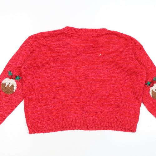 River Island Girls Red Round Neck Geometric Acrylic Pullover Jumper Size 9-10 Years Pullover - Christmas Jumper