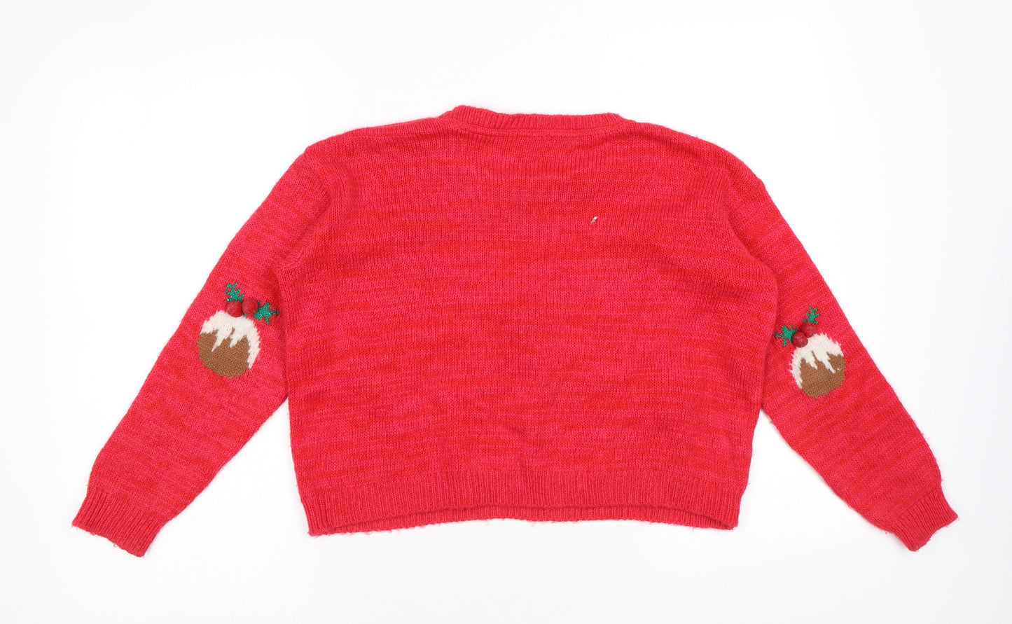 River Island Girls Red Round Neck Geometric Acrylic Pullover Jumper Size 9-10 Years Pullover - Christmas Jumper