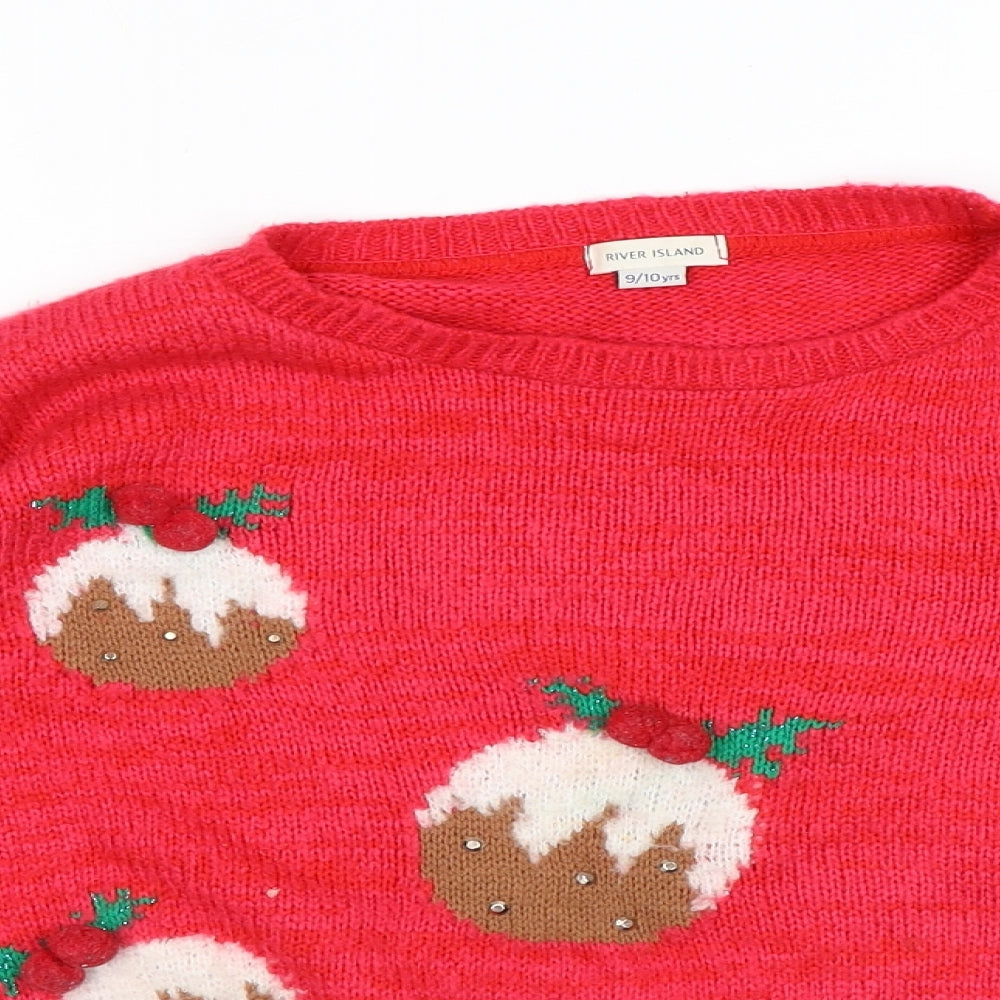 River Island Girls Red Round Neck Geometric Acrylic Pullover Jumper Size 9-10 Years Pullover - Christmas Jumper