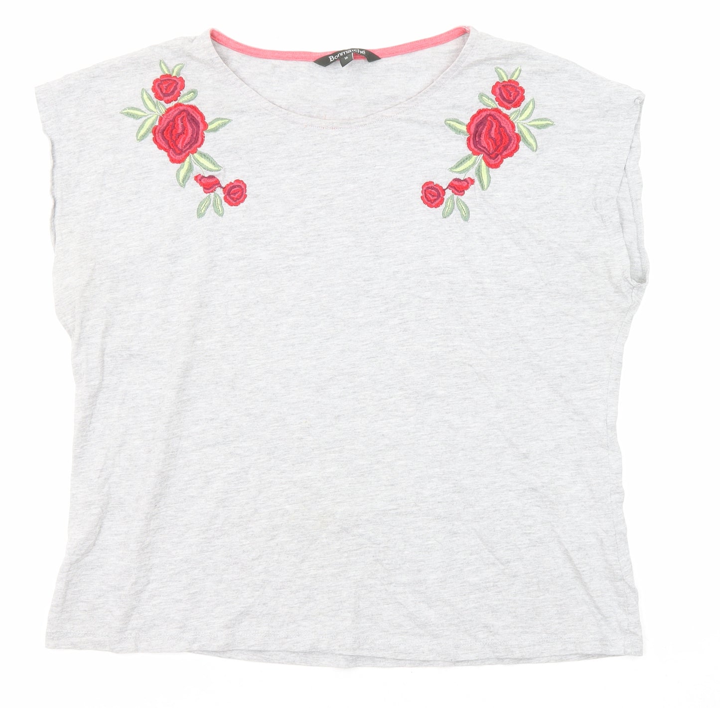 Bonmarché Womens Grey Cotton Basic T-Shirt Size 16 Round Neck - Rose Embroidery