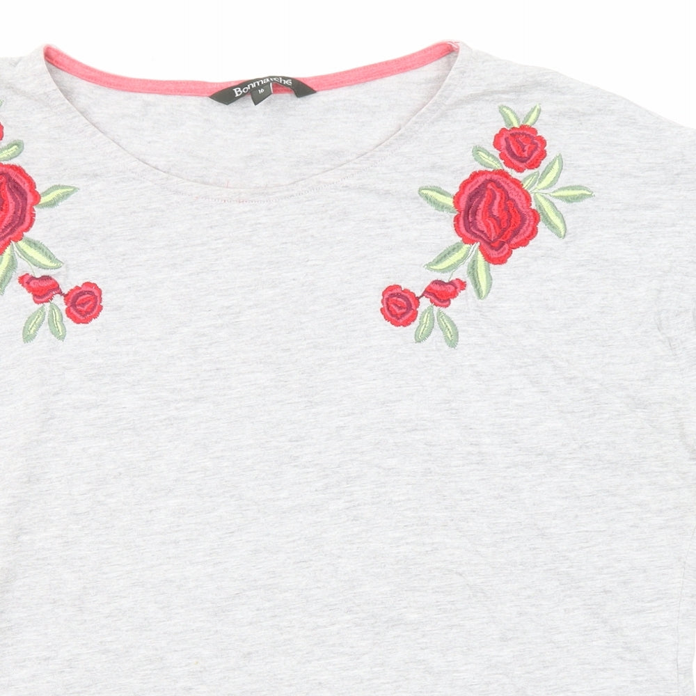 Bonmarché Womens Grey Cotton Basic T-Shirt Size 16 Round Neck - Rose Embroidery
