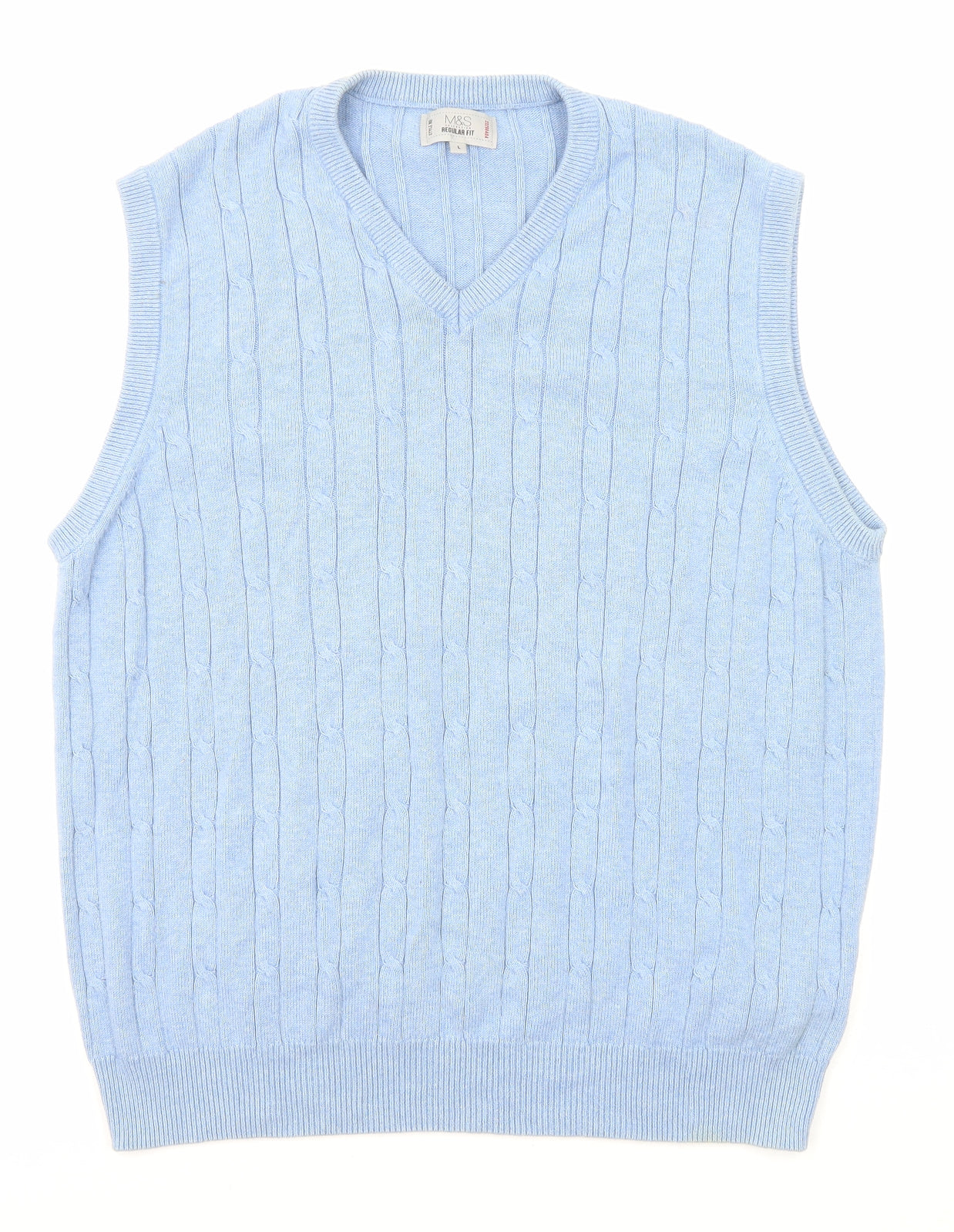 Marks and Spencer Mens Blue V-Neck Cotton Vest Jumper Size L Sleeveless