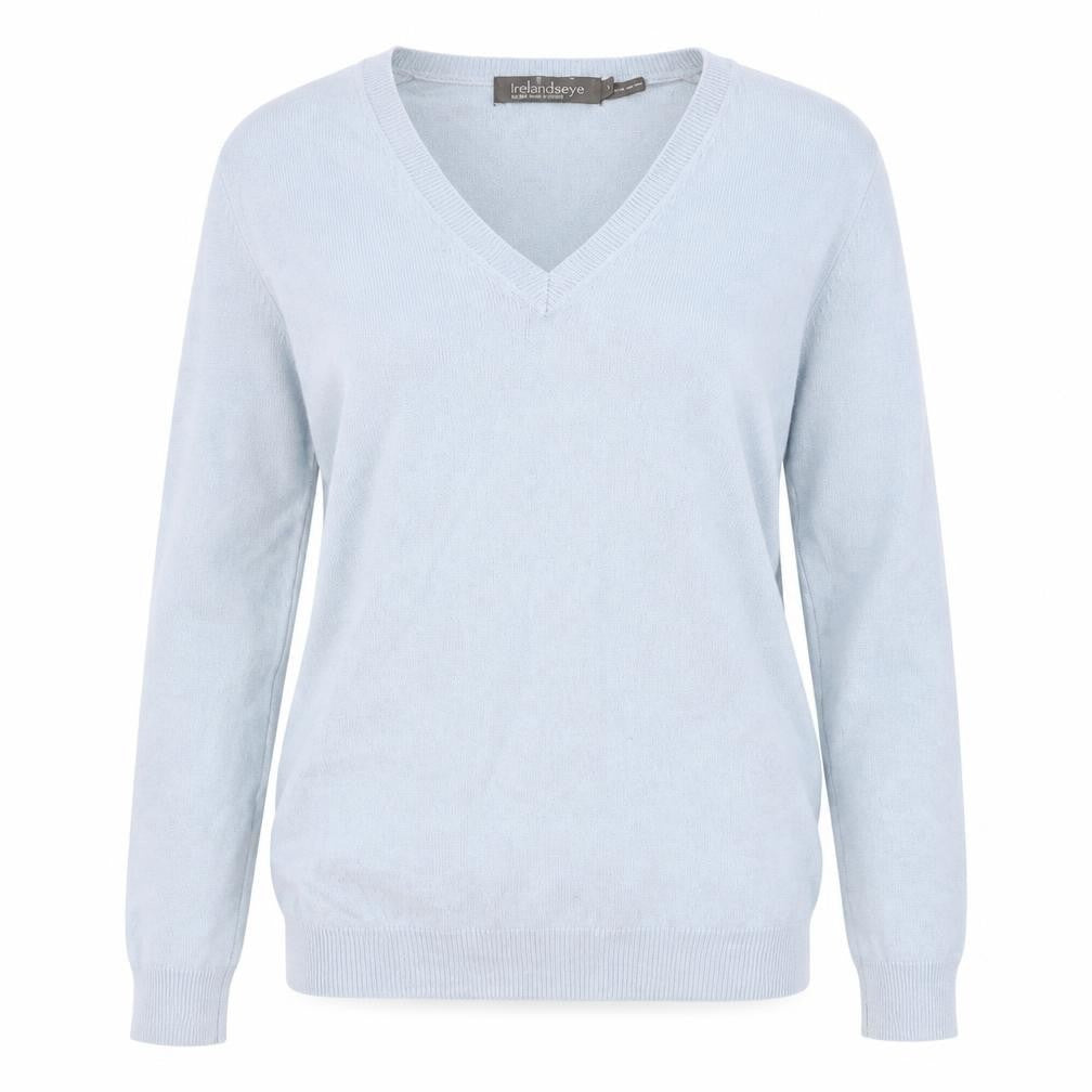 Front view of Irelands Eye women’s blue v-neck wool jumper, size S