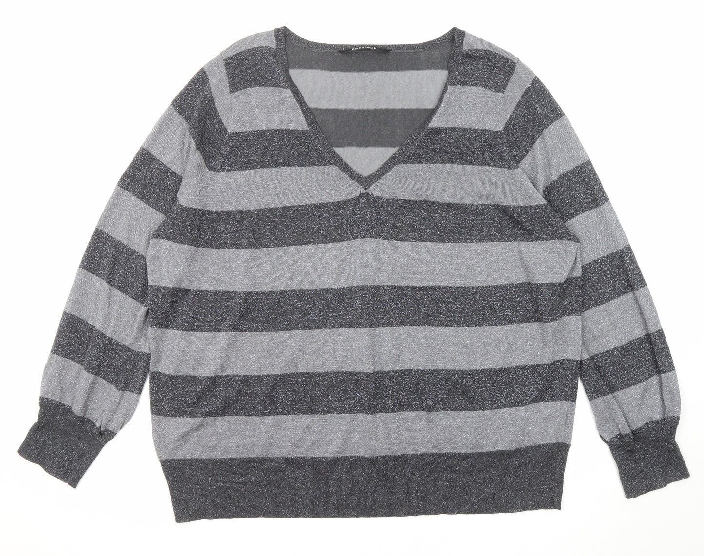 Evans Womens Grey V-Neck Striped Acrylic Pullover Jumper Size 26