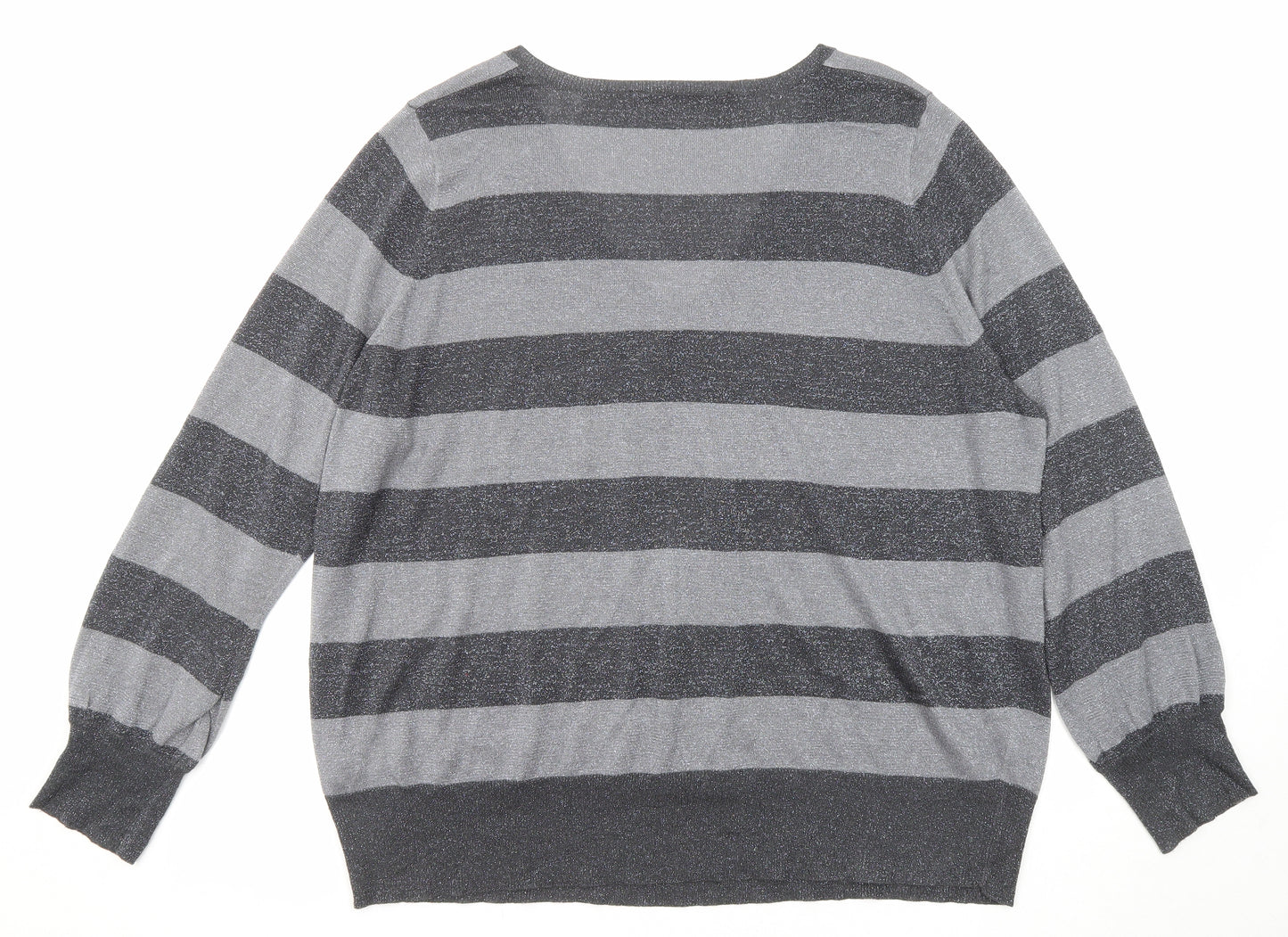 Evans Womens Grey V-Neck Striped Acrylic Pullover Jumper Size 26