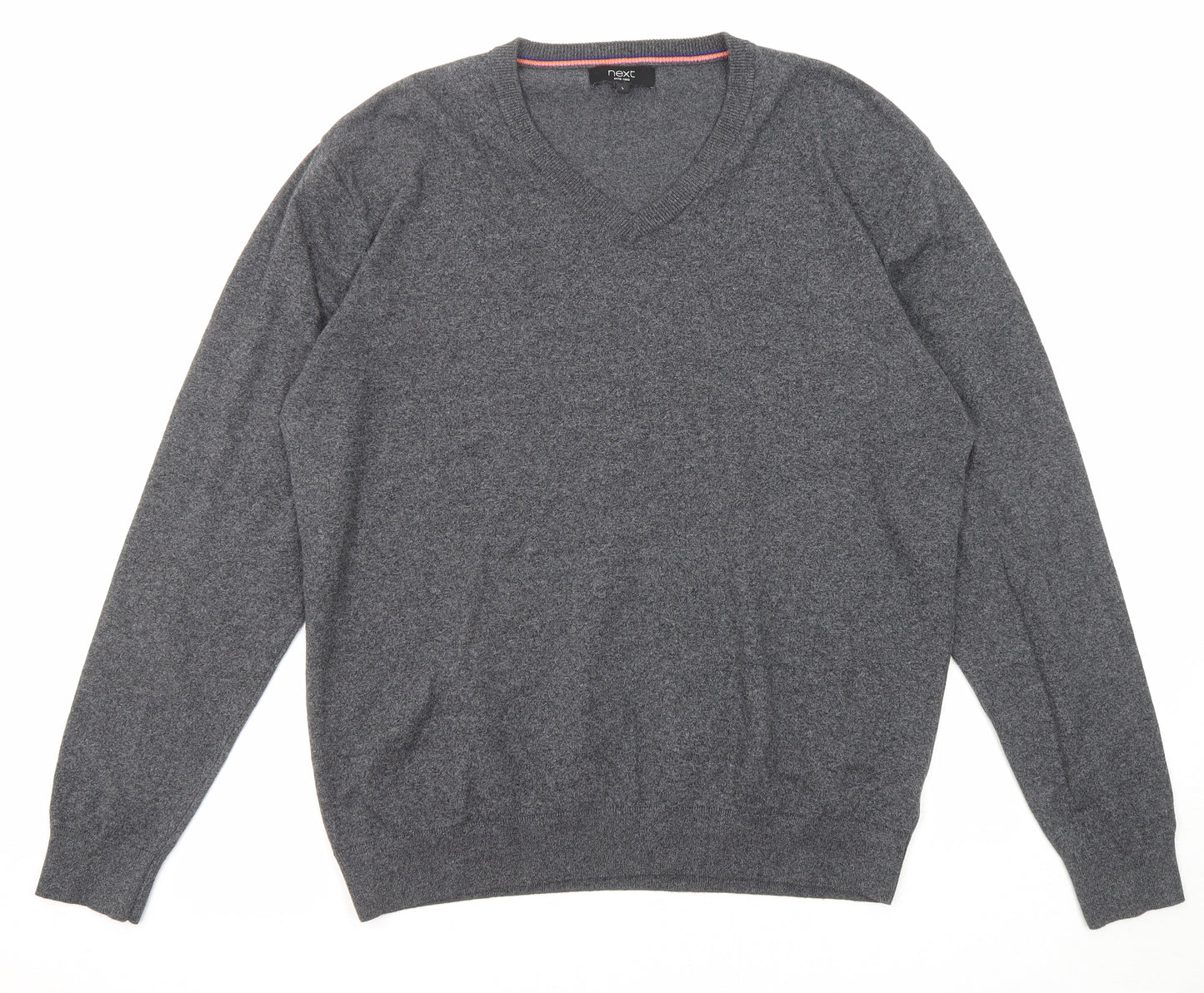 NEXT Mens Grey V-Neck Cotton Pullover Jumper Size L Long Sleeve