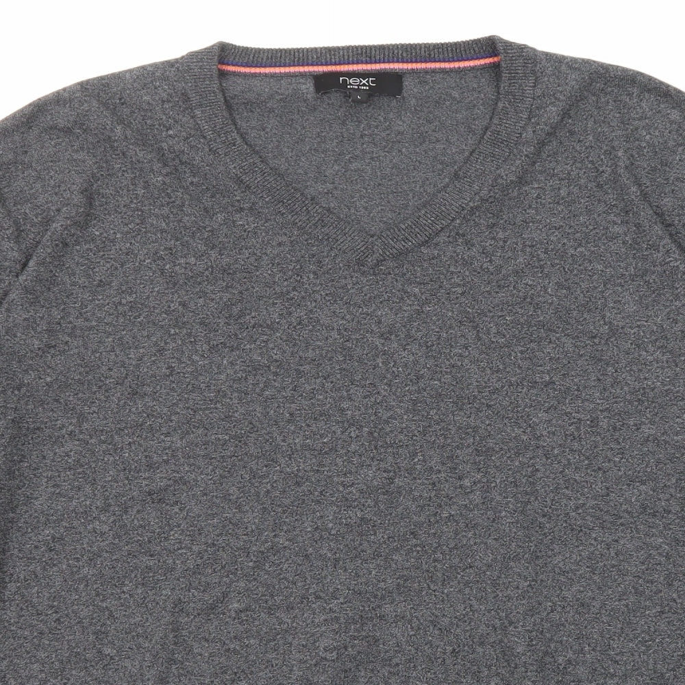 NEXT Mens Grey V-Neck Cotton Pullover Jumper Size L Long Sleeve