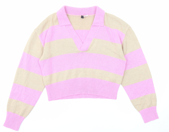 Divided by H&M Womens Pink Collared Striped Acrylic Pullover Jumper Size M