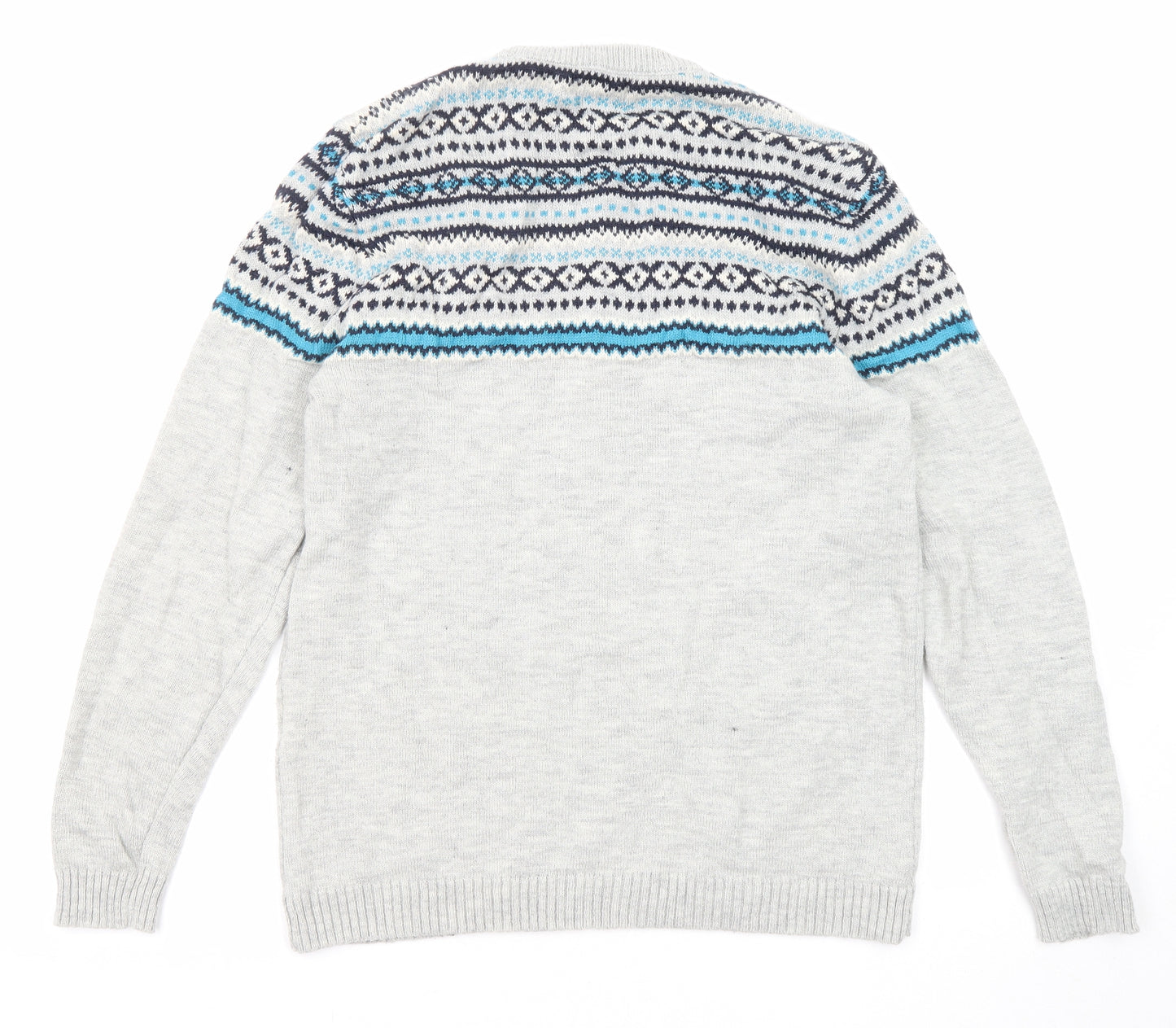 Pull&Bear Mens Grey Round Neck Geometric Acrylic Pullover Jumper Size L Long Sleeve