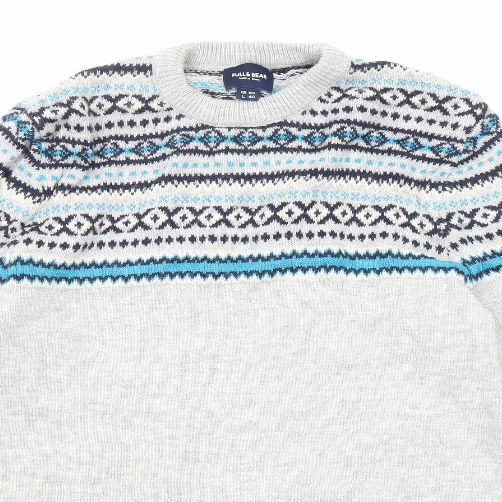 Pull&Bear Mens Grey Round Neck Geometric Acrylic Pullover Jumper Size L Long Sleeve