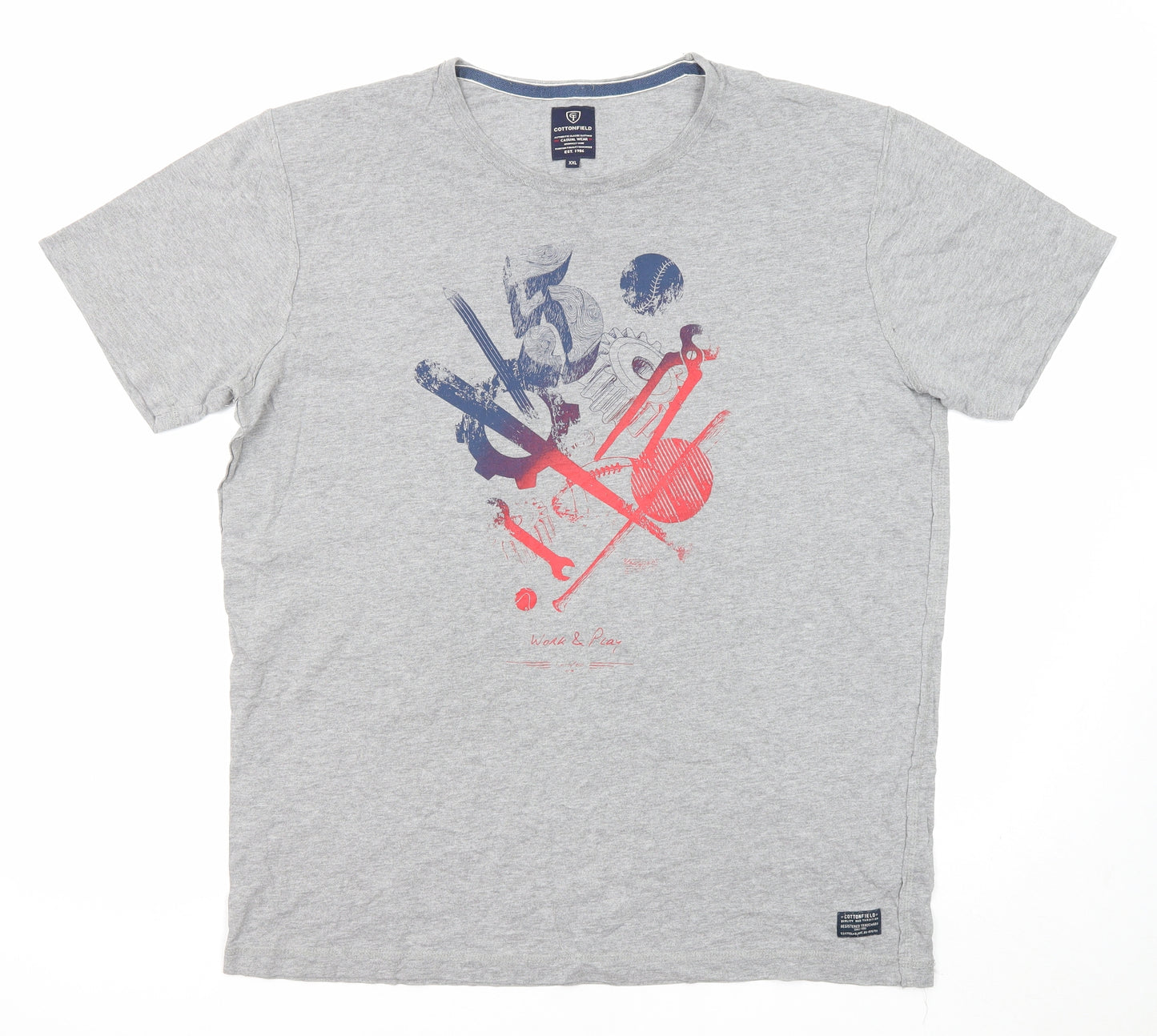 Cottonfield Mens Grey Cotton T-Shirt Size 2XL Round Neck