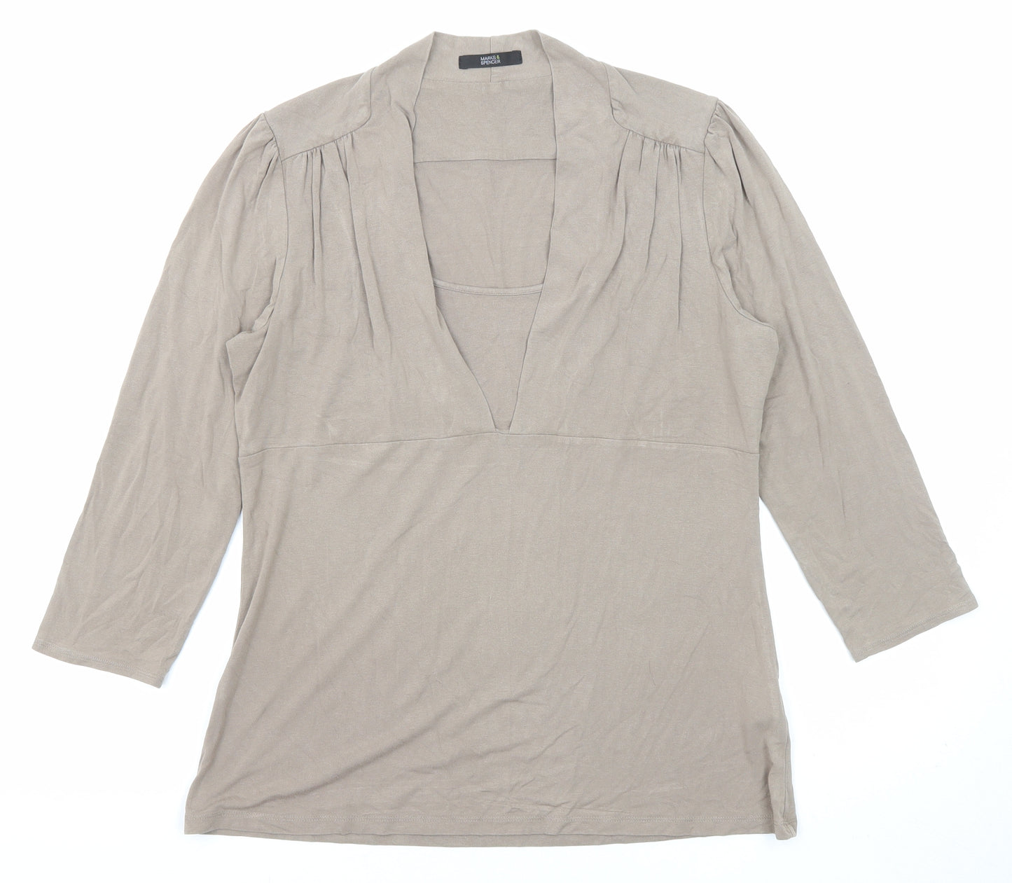 Marks and Spencer Womens Brown Viscose Basic Blouse Size 14 V-Neck