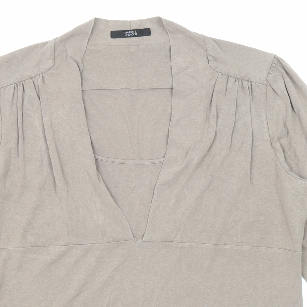 Marks and Spencer Womens Brown Viscose Basic Blouse Size 14 V-Neck