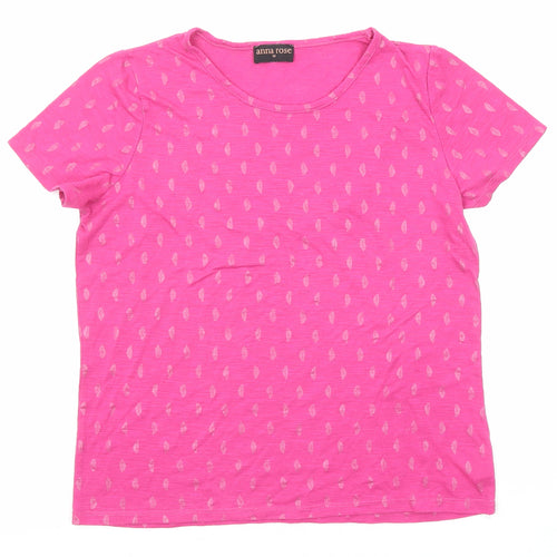 Anna Rose Womens Pink Floral Polyester Basic T-Shirt Size M Roll Neck
