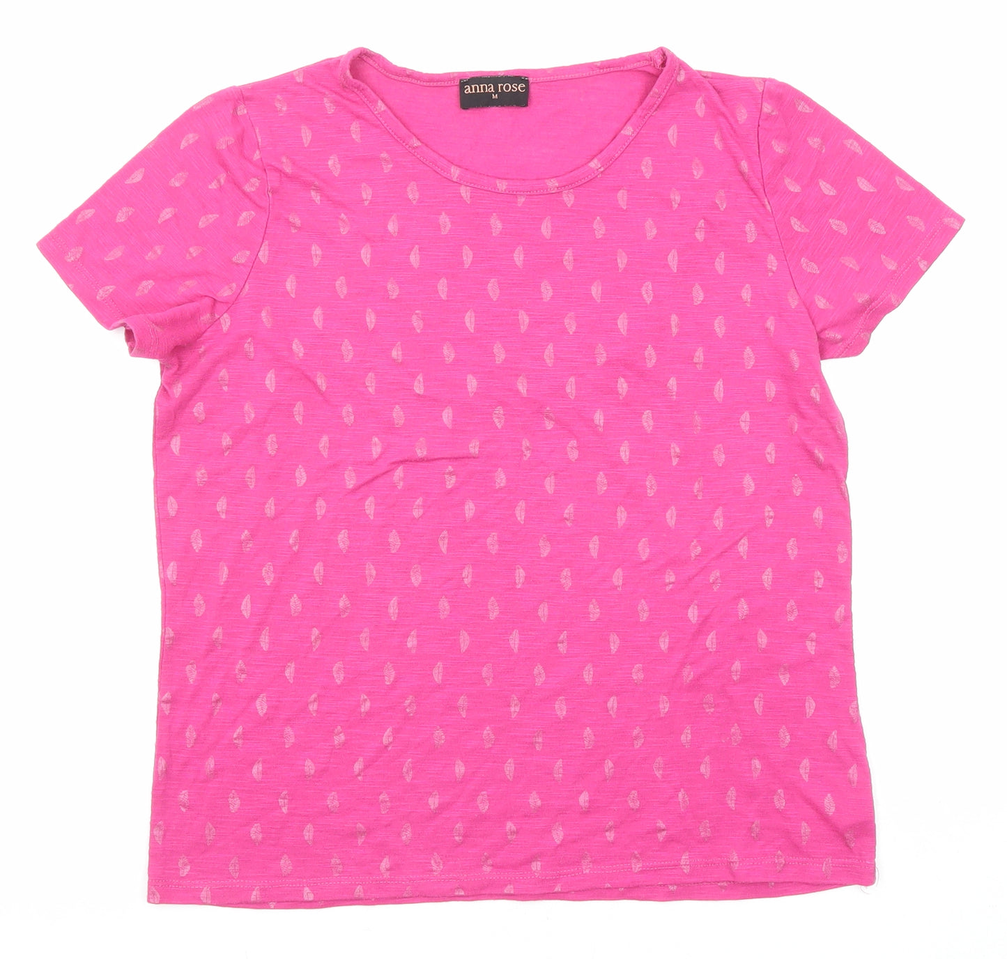 Anna Rose Womens Pink Floral Polyester Basic T-Shirt Size M Roll Neck