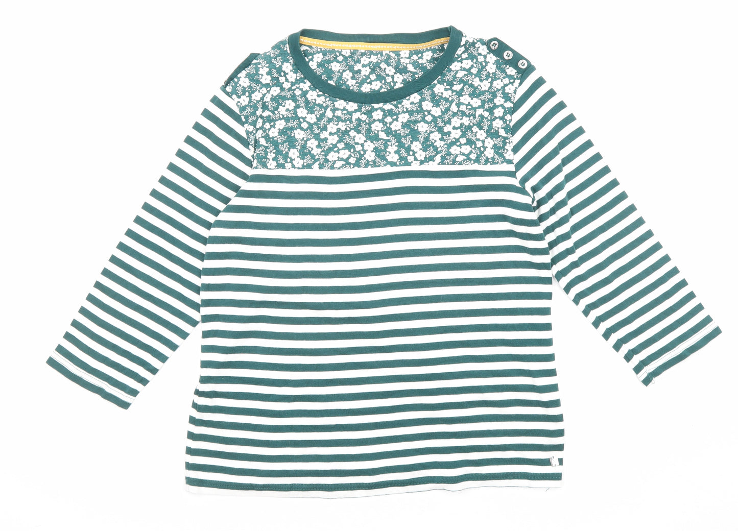 Debenhams Womens Green Striped Cotton Basic Blouse Size 16 Round Neck