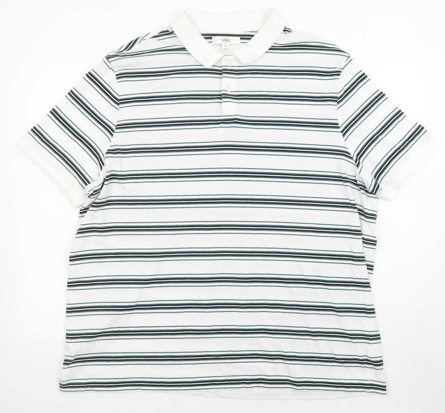 Marks and Spencer Mens White Striped Cotton Polo Size 3XL Collared Button