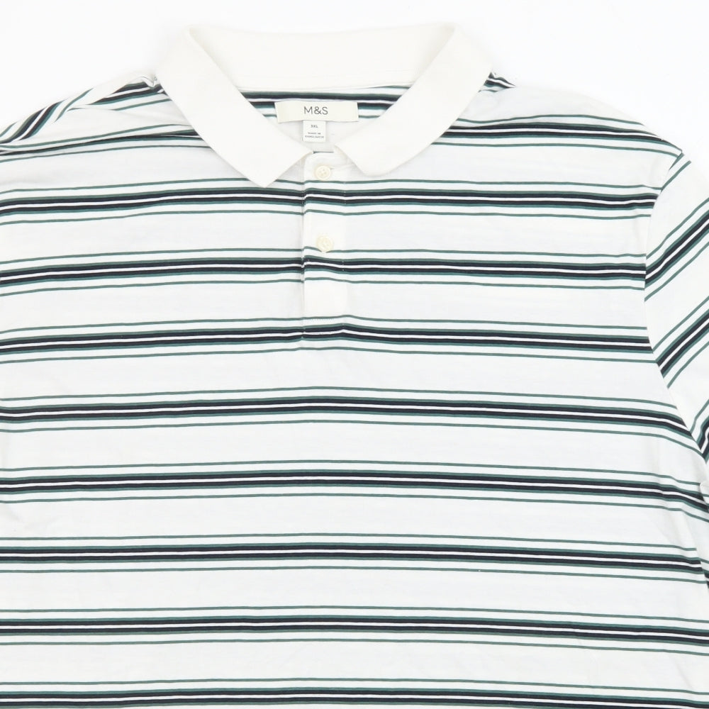 Marks and Spencer Mens White Striped Cotton Polo Size 3XL Collared Button