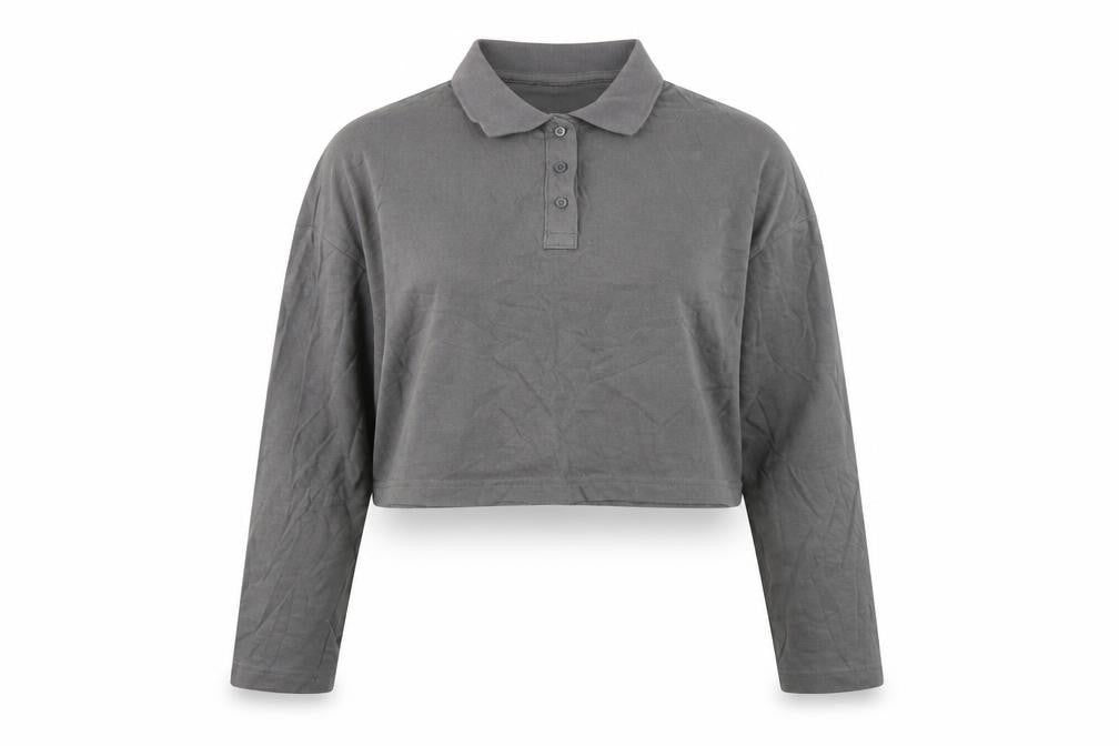 Front view of Divided by H&M women’s grey cotton cropped blouse, size S, collared