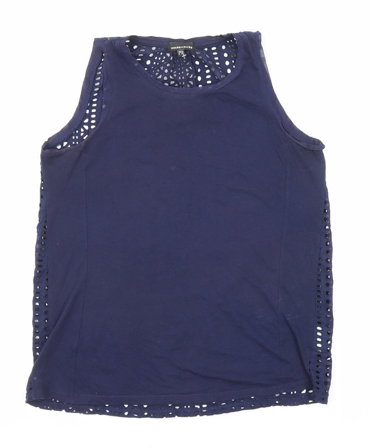 Warehouse Womens Blue Herringbone Cotton Basic Tank Size 8 Round Neck
