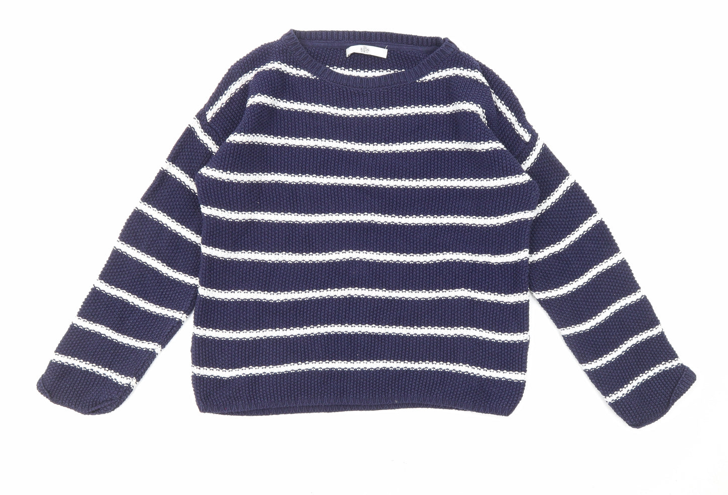 Marks and Spencer Girls Blue Round Neck Striped Cotton Pullover Jumper Size 13-14 Years Pullover