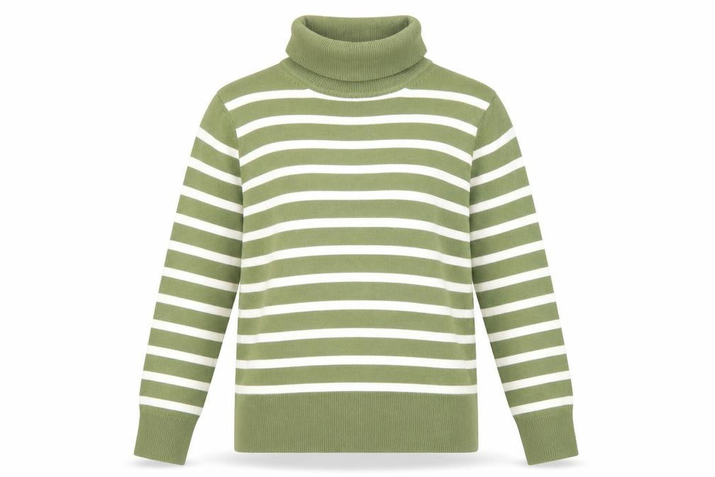 Front view of Marks & Spencer women’s green roll neck striped acrylic jumper, size UK 6