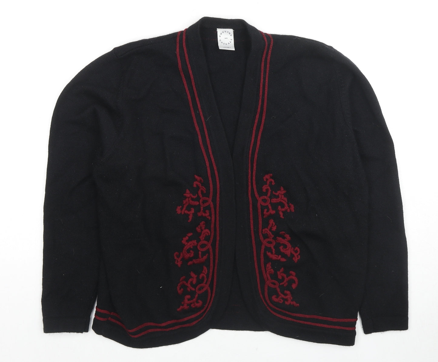 Country Casuals Womens Black V-Neck Wool Cardigan Jumper Size L - Embroidered Detail