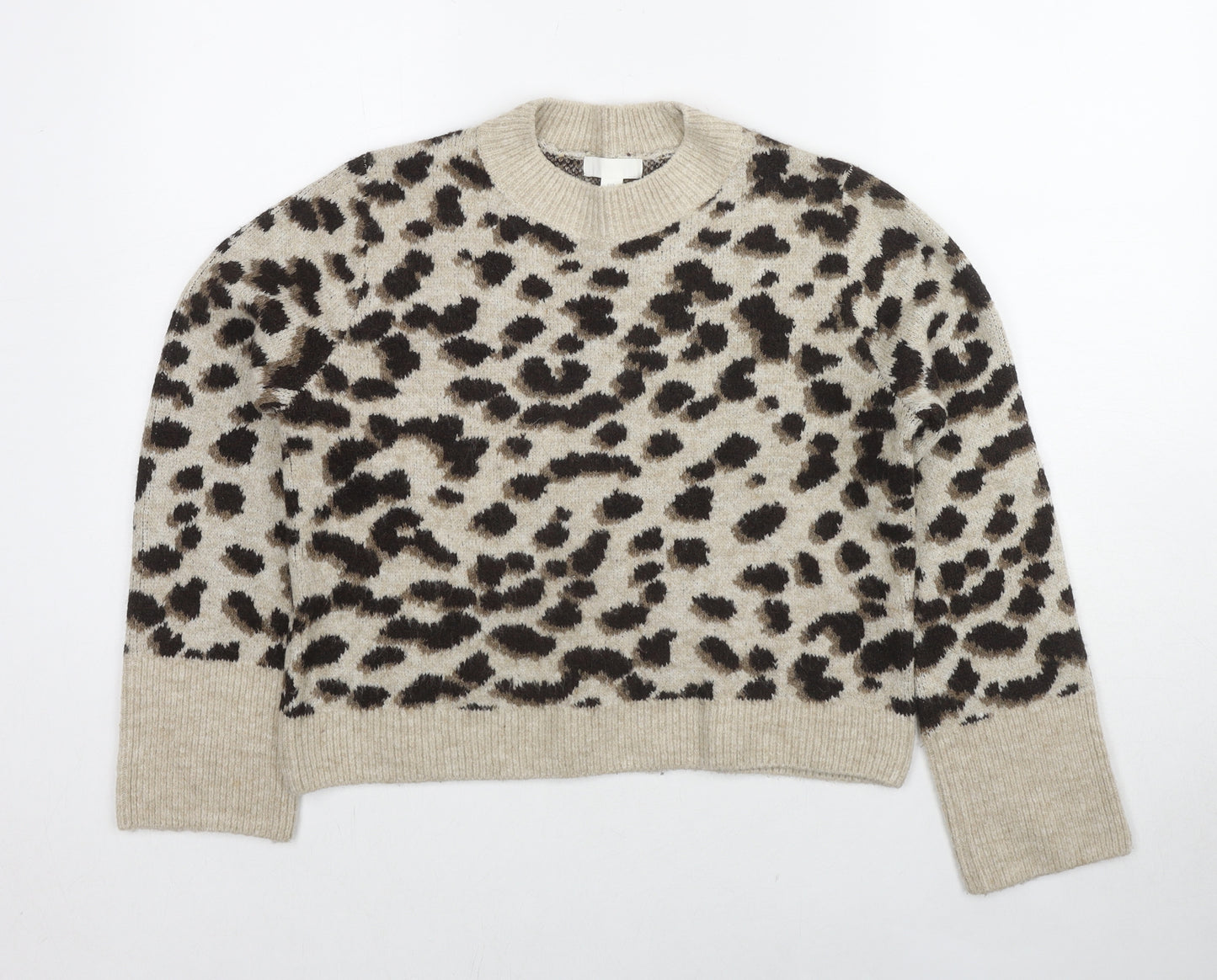 H&M Womens Beige Round Neck Animal Print Acetate Pullover Jumper Size XS - Leopard Print