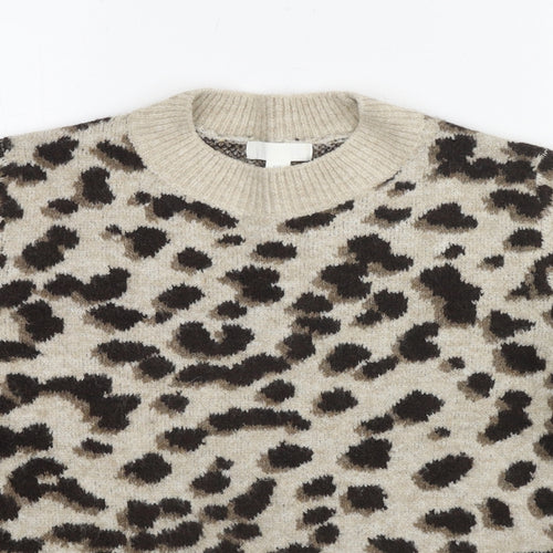 H&M Womens Beige Round Neck Animal Print Acetate Pullover Jumper Size XS - Leopard Print
