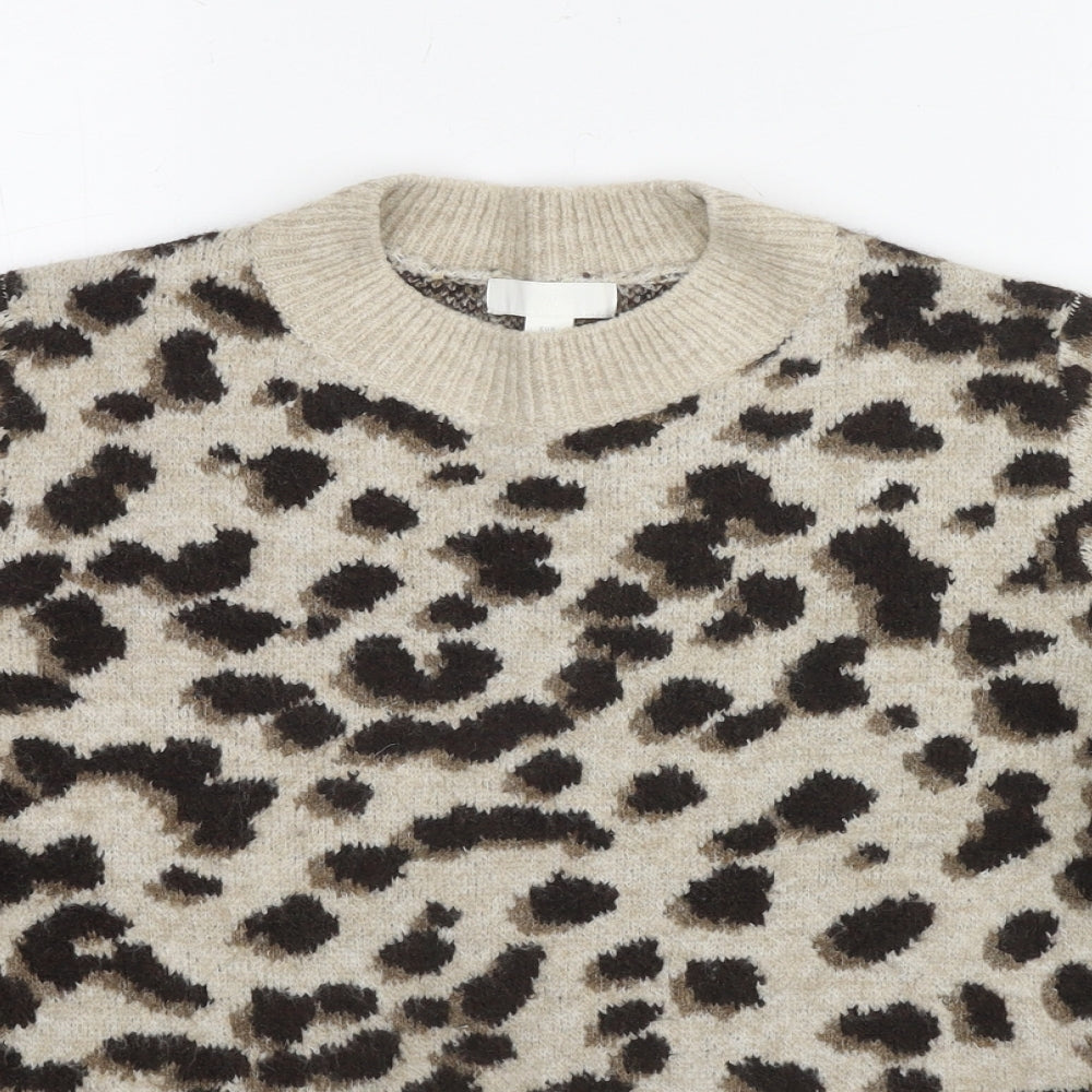 H&M Womens Beige Round Neck Animal Print Acetate Pullover Jumper Size XS - Leopard Print