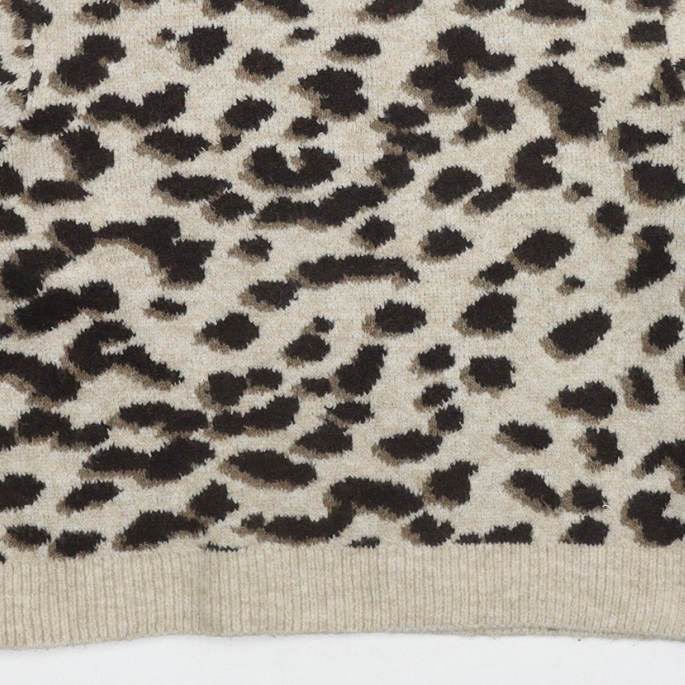 H&M Womens Beige Round Neck Animal Print Acetate Pullover Jumper Size XS - Leopard Print