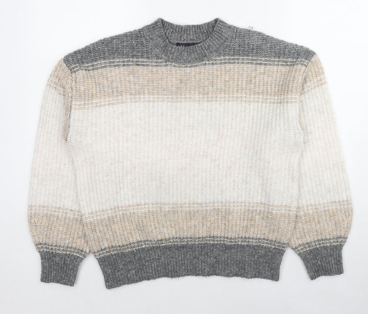 Marks and Spencer Womens Beige Round Neck Striped Polyester Pullover Jumper Size M