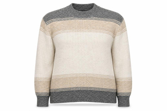 Front view of Marks & Spencer women’s beige round neck striped polyester jumper, size M
