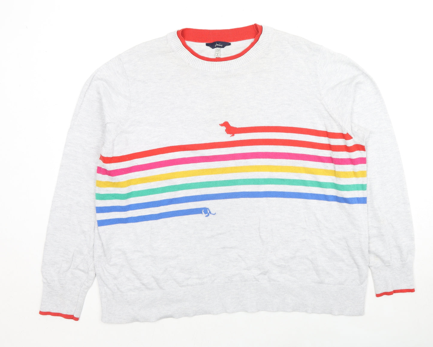 Joules Womens Grey Round Neck Striped Cotton Pullover Jumper Size 20 - Rainbow