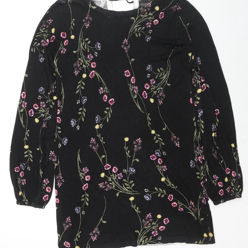 NEXT Womens Black Round Neck Floral Viscose Pullover Jumper Size 10 - Back Tie Closure