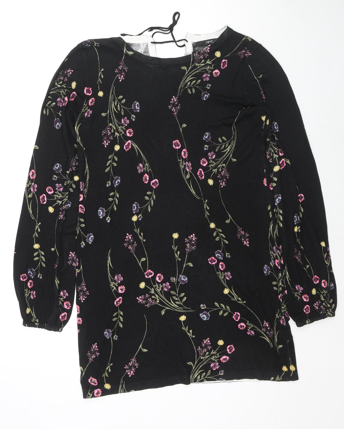 NEXT Womens Black Round Neck Floral Viscose Pullover Jumper Size 10 - Back Tie Closure