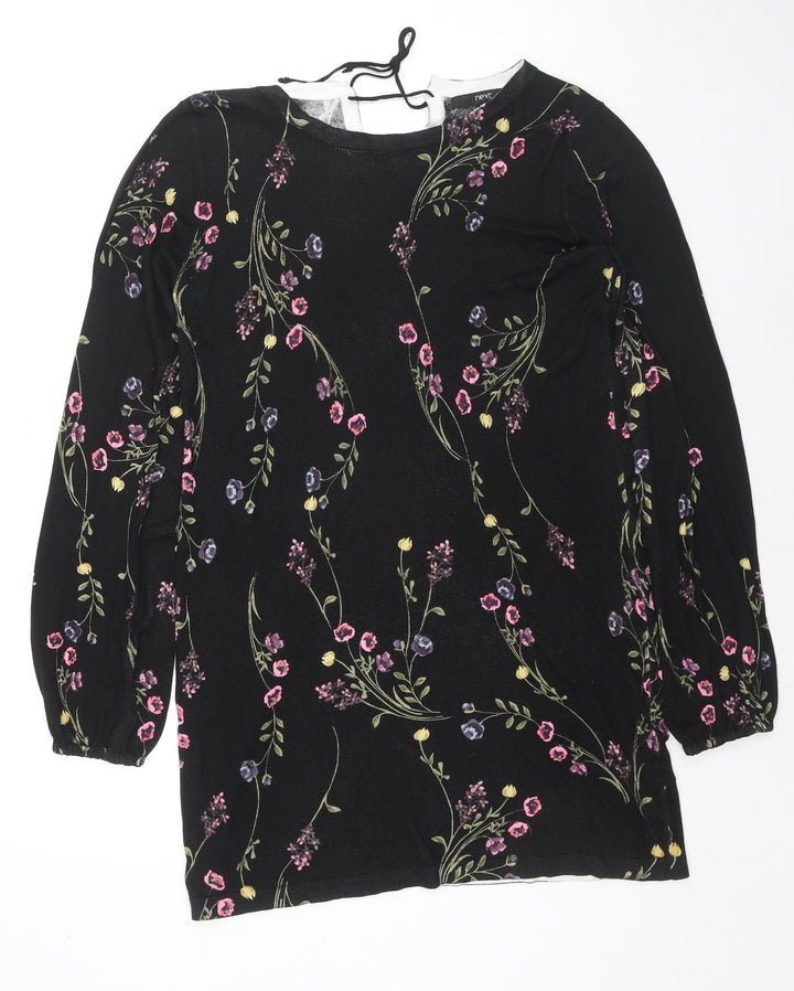 NEXT Womens Black Round Neck Floral Viscose Pullover Jumper Size 10 - Back Tie Closure