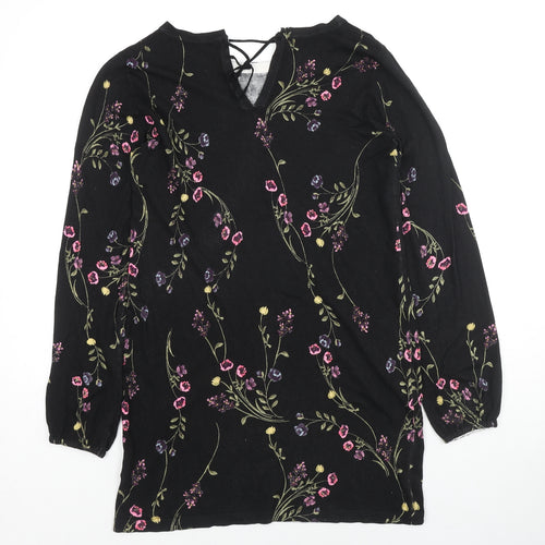 NEXT Womens Black Round Neck Floral Viscose Pullover Jumper Size 10 - Back Tie Closure