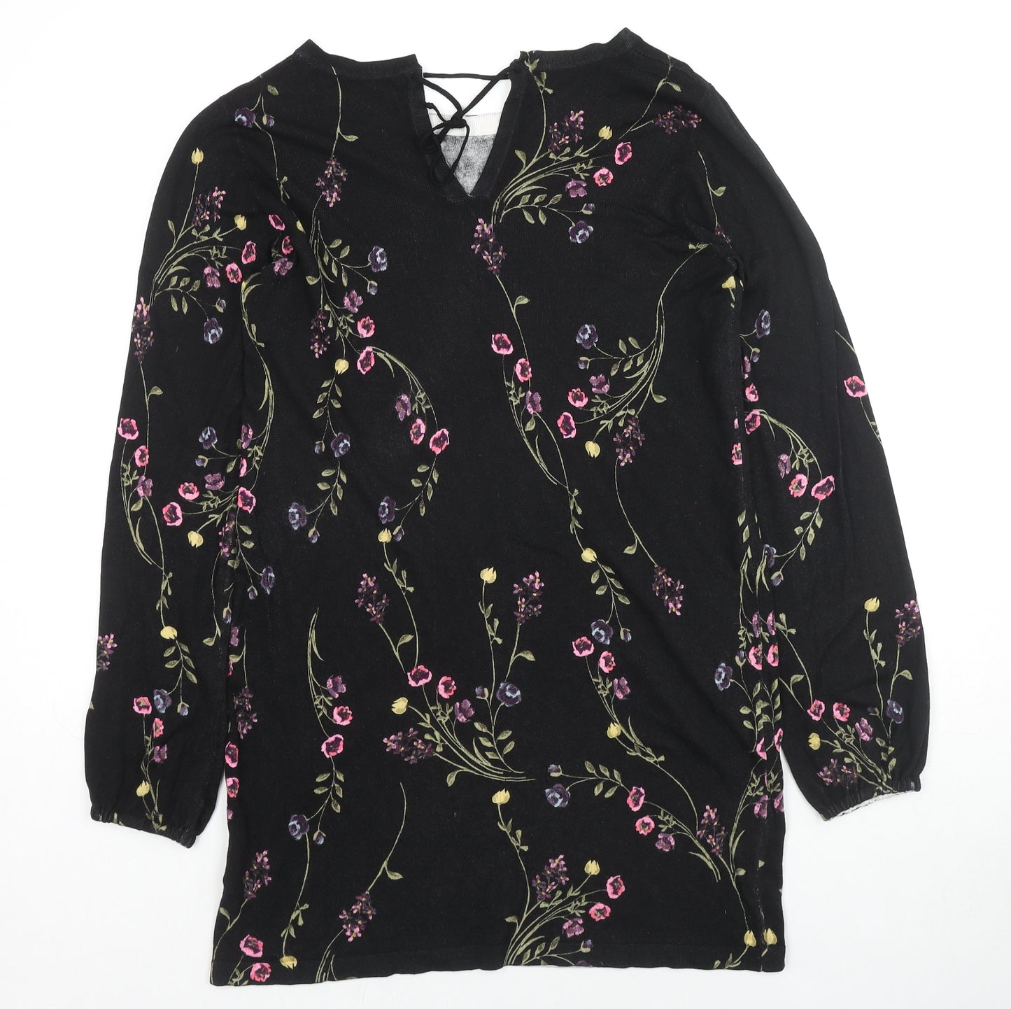 NEXT Womens Black Round Neck Floral Viscose Pullover Jumper Size 10 - Back Tie Closure