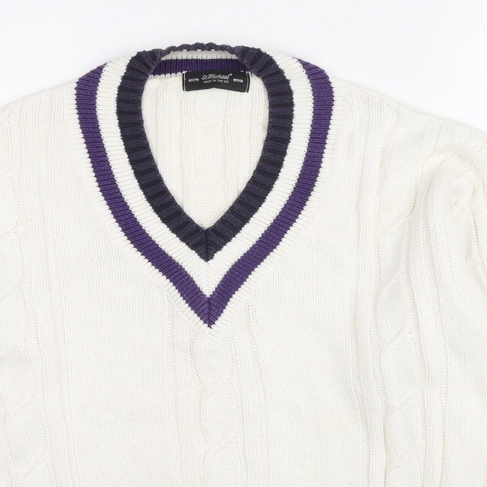 St Michael Mens White V-Neck Cotton Pullover Jumper Size M Long Sleeve