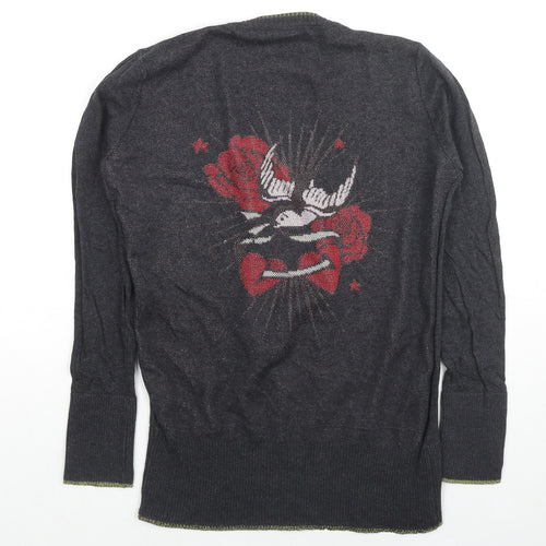 Butterfly Womens Grey V-Neck Cotton Pullover Jumper Size M - Heart Rose Wings