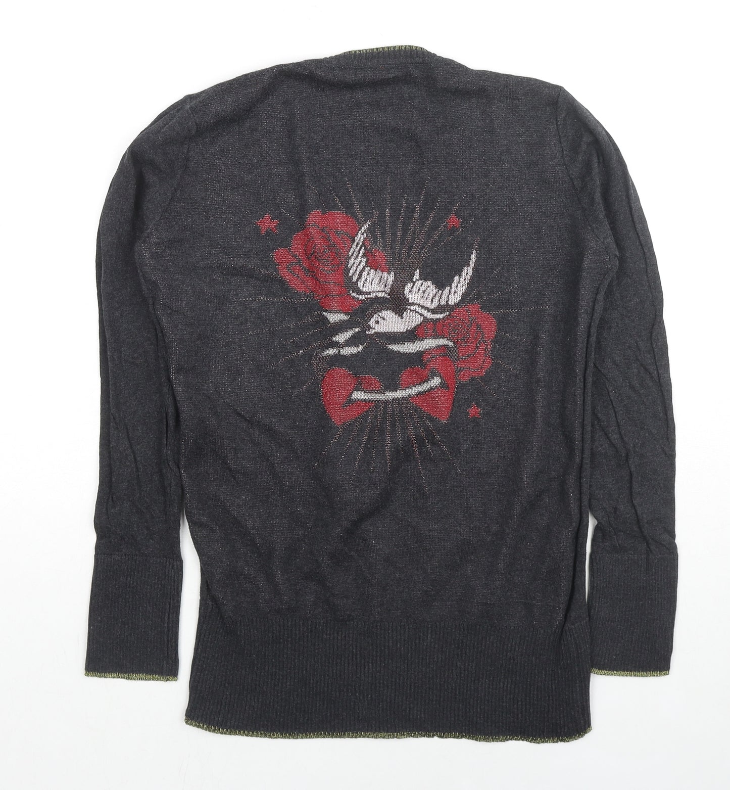 Butterfly Womens Grey V-Neck Cotton Pullover Jumper Size M - Heart Rose Wings