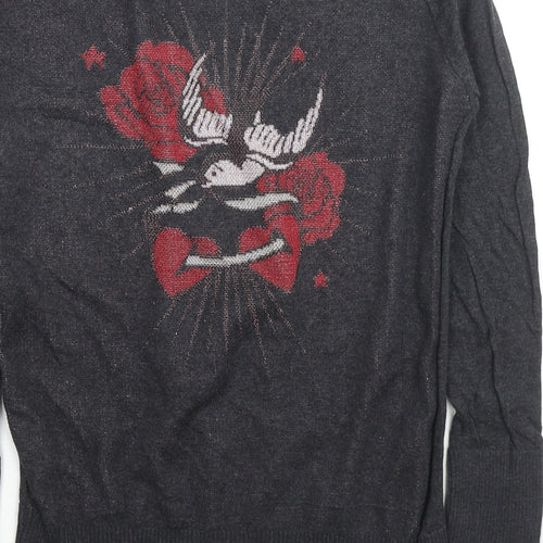 Butterfly Womens Grey V-Neck Cotton Pullover Jumper Size M - Heart Rose Wings