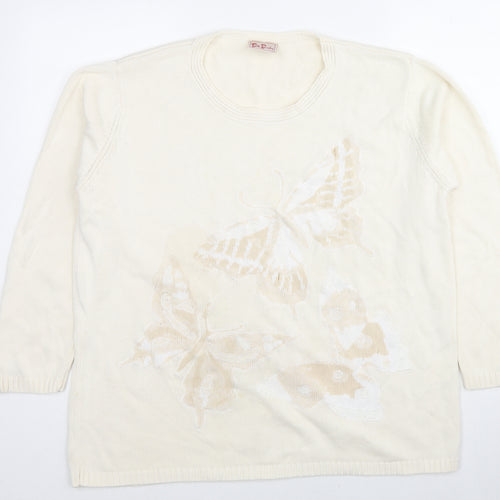 Betty Barclay Womens Ivory Round Neck Cotton Pullover Jumper Size XL - Butterfly