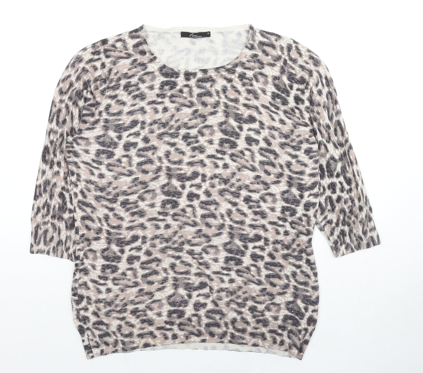 Bonmarché Womens Beige Round Neck Animal Print Polyester Pullover Jumper Size M - Leopard Print
